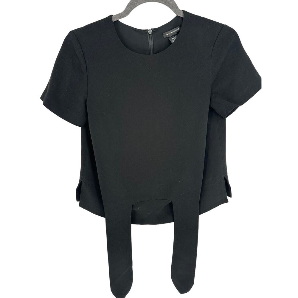Club Monaco Black Short Sleeve Blouse Crew Neck Tie Hem Minimalist Sz XS Luxury